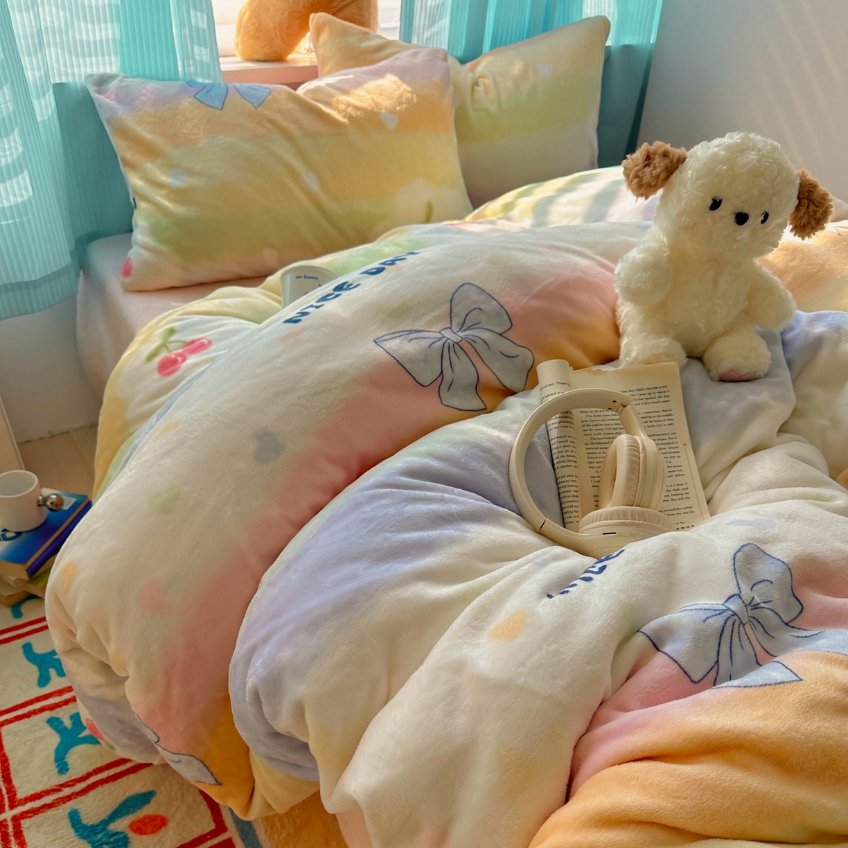 91家纺网 家纺一手货源 找家纺 小叮当家纺仓储工厂店 买家秀 爆款花型2025新款200克牛奶绒小清新卡通复古风单被套 被套单件 彩虹草莓