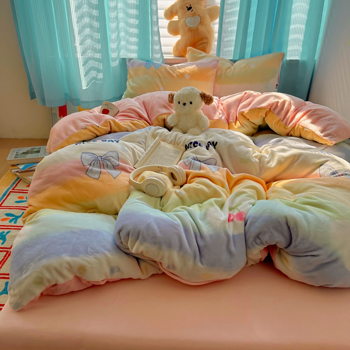 91家纺网 家纺一手货源 找家纺 小叮当家纺仓储工厂店 买家秀 爆款花型2025新款200克牛奶绒小清新卡通复古风单被套 被套单件 彩虹草莓