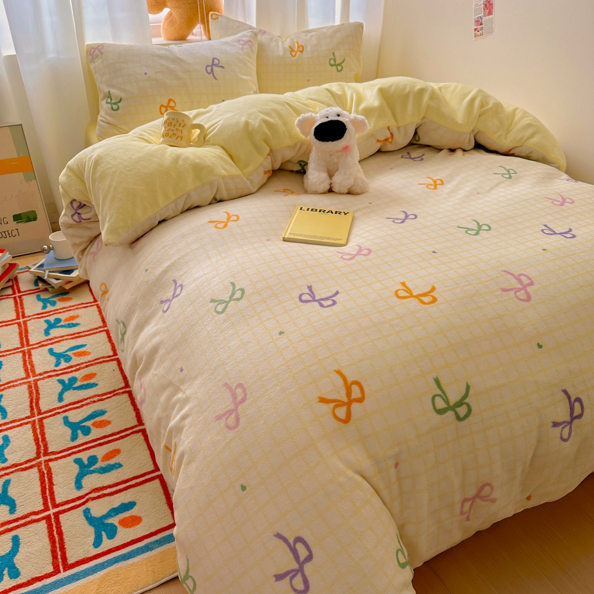 91家纺网 家纺一手货源 找家纺 小叮当家纺仓储工厂店 买家秀 爆款花型2025新款200克牛奶绒小清新卡通复古风单被套 被套单件 彩色蝴蝶结