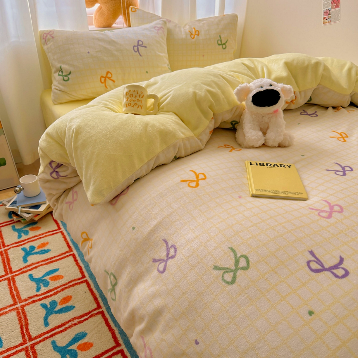 91家纺网 家纺一手货源 找家纺 小叮当家纺仓储工厂店 买家秀 爆款花型2025新款200克牛奶绒小清新卡通复古风单被套 被套单件 彩色蝴蝶结