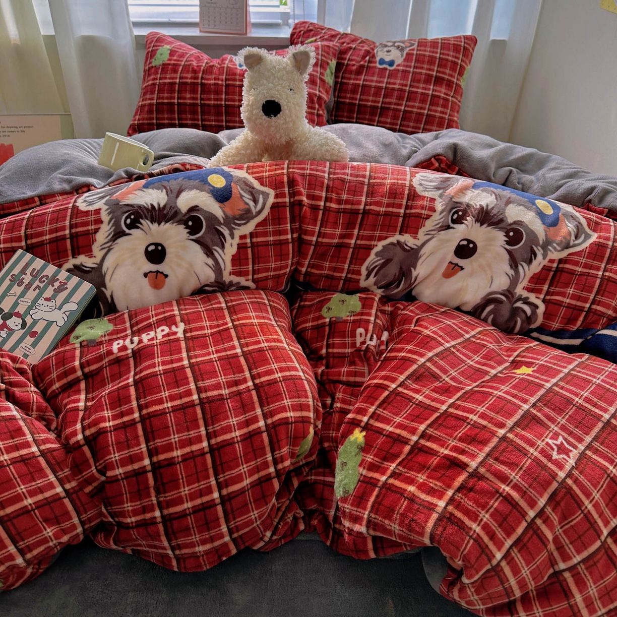 91家纺网 家纺一手货源 找家纺 小叮当家纺仓储工厂店 买家秀 爆款花型2025新款200克牛奶绒小清新卡通复古风单被套 被套单件 红格西高地