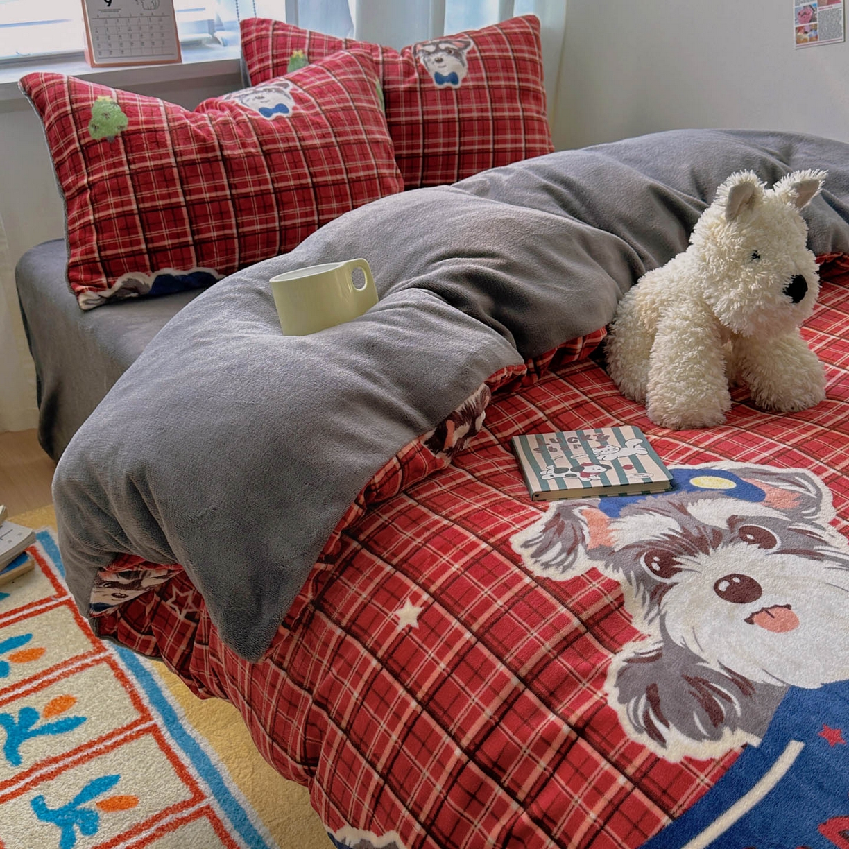 91家纺网 家纺一手货源 找家纺 小叮当家纺仓储工厂店 买家秀 爆款花型2025新款200克牛奶绒小清新卡通复古风单被套 被套单件 红格西高地