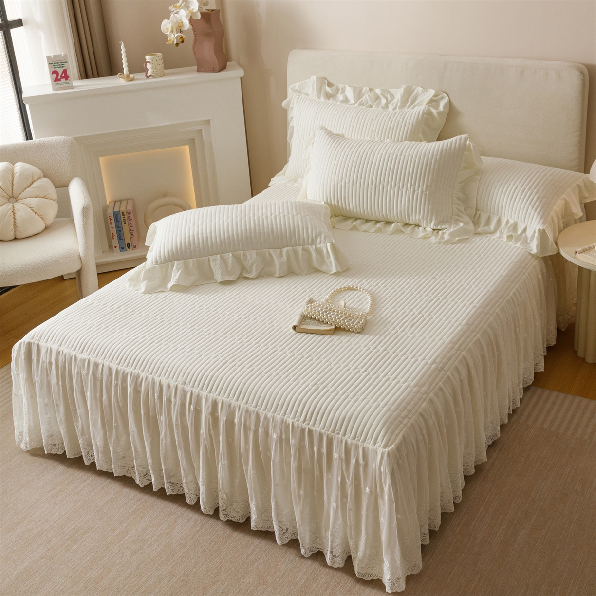 91家纺网 家纺一手货源 找家纺 （总）好儿喜家纺 2025新款A类水洗棉床裙三件套-梦园系列