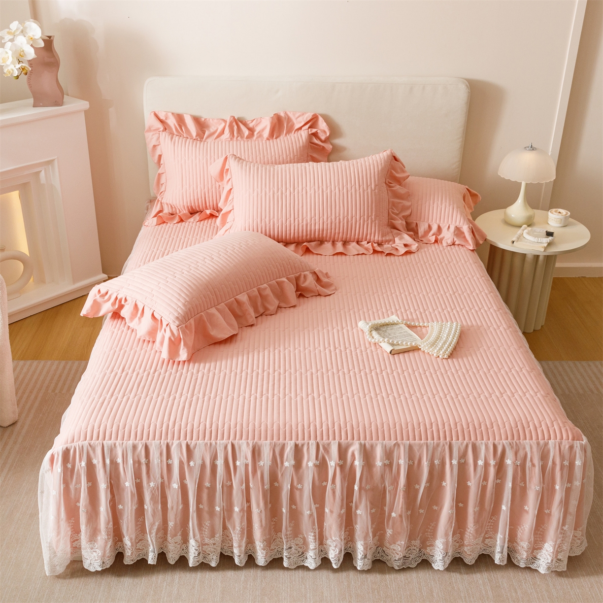 91家纺网 家纺一手货源 找家纺 （总）好儿喜家纺 2025新款A类水洗棉床裙三件套-梦园系列