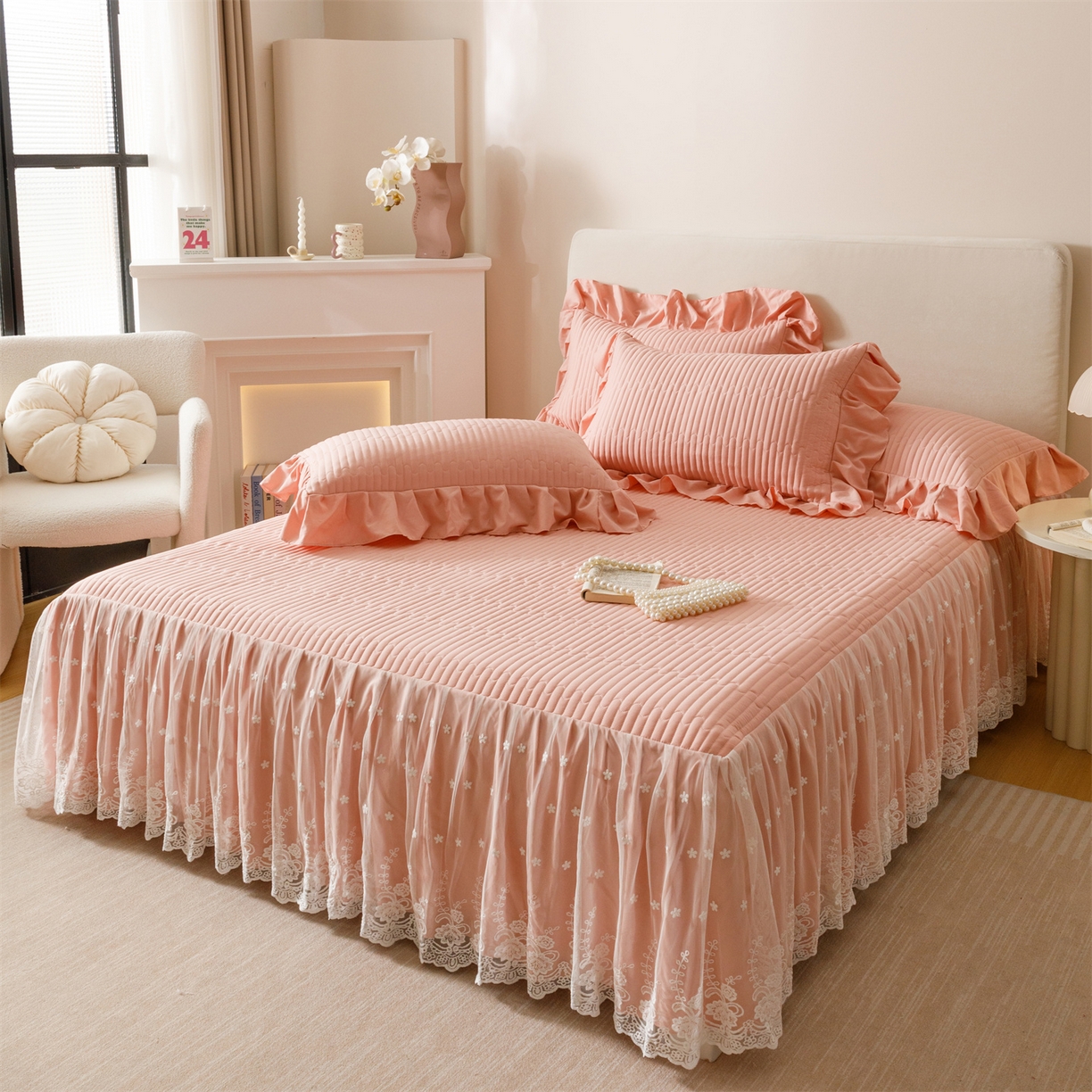 91家纺网 家纺一手货源 找家纺 （总）好儿喜家纺 2025新款A类水洗棉床裙三件套-梦园系列