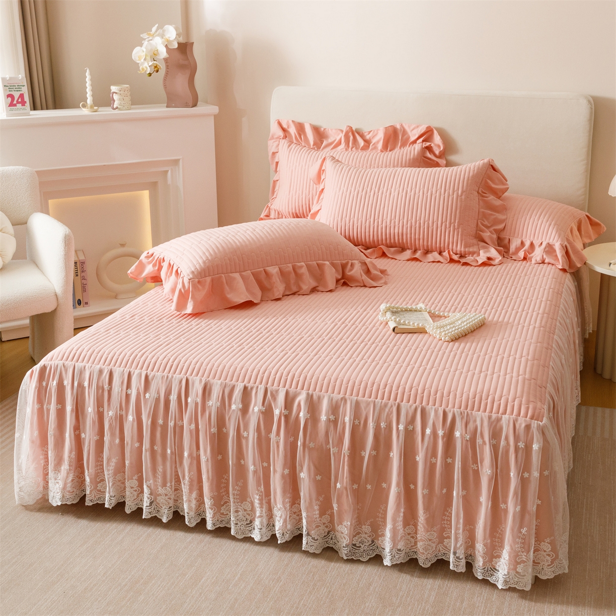 91家纺网 家纺一手货源 找家纺 （总）好儿喜家纺 2025新款A类水洗棉床裙三件套-梦园系列