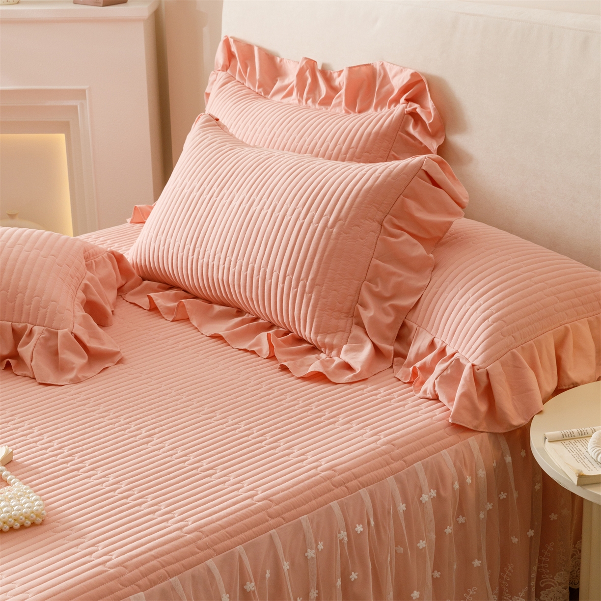 91家纺网 家纺一手货源 找家纺 （总）好儿喜家纺 2025新款A类水洗棉床裙三件套-梦园系列