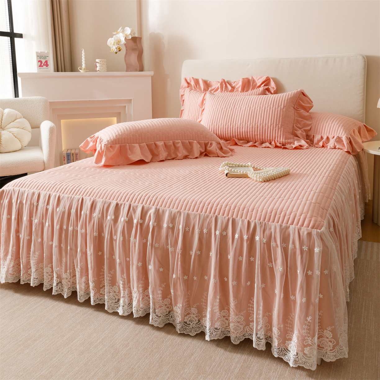 91家纺网 家纺一手货源 找家纺 （总）好儿喜家纺 2025新款A类水洗棉床裙三件套-梦园系列