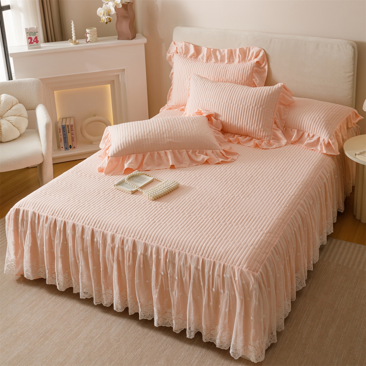 91家纺网 家纺一手货源 找家纺 （总）好儿喜家纺 2025新款A类水洗棉床裙三件套-梦园系列