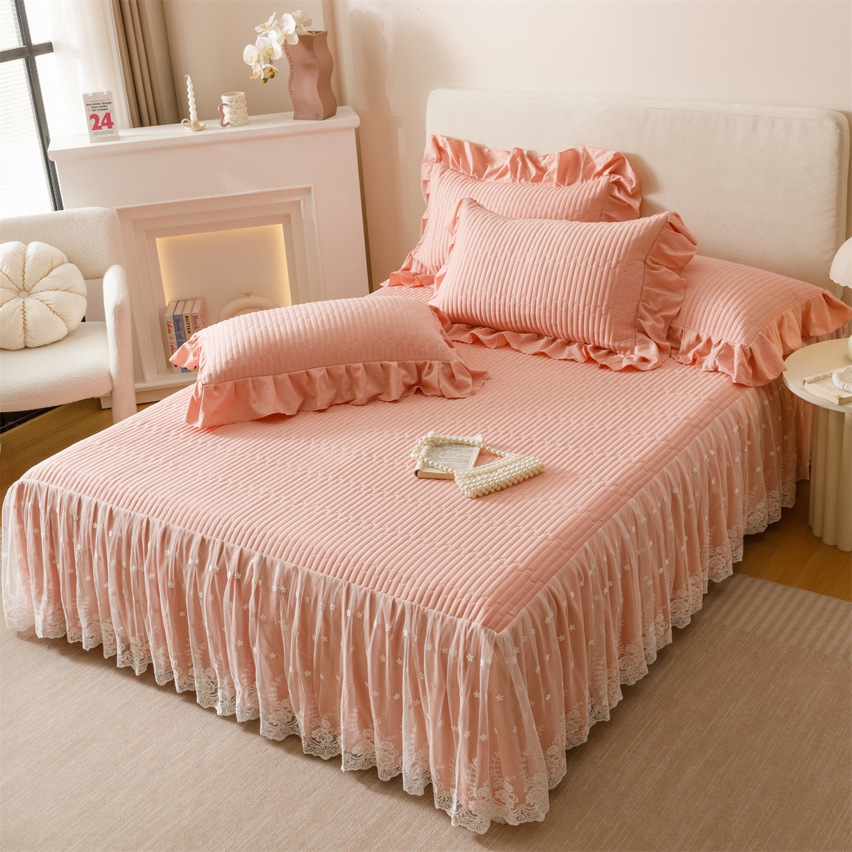 91家纺网 家纺一手货源 找家纺 （总）好儿喜家纺 2025新款A类水洗棉床裙三件套-梦园系列