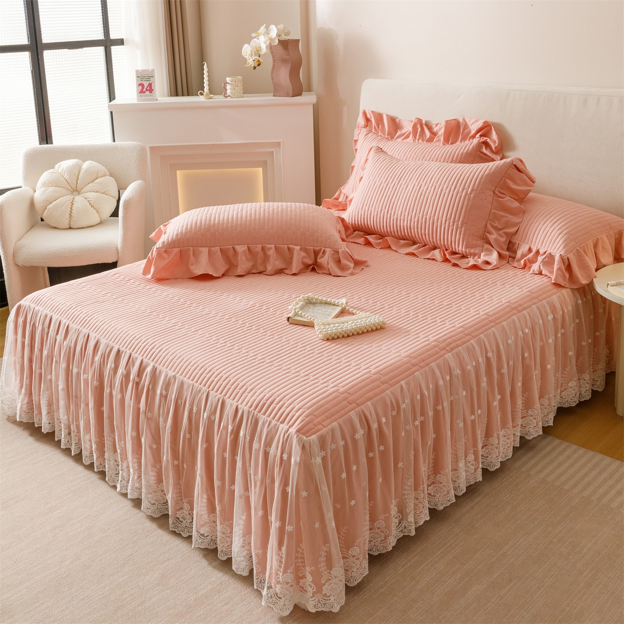 91家纺网 家纺一手货源 找家纺 （总）好儿喜家纺 2025新款A类水洗棉床裙三件套-梦园系列