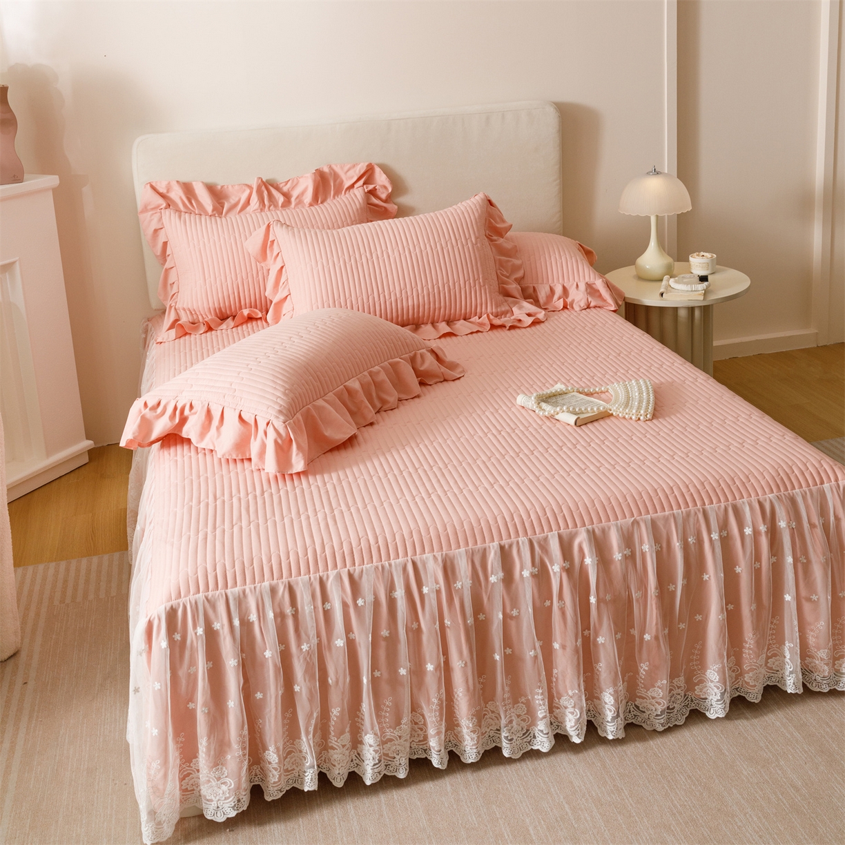 91家纺网 家纺一手货源 找家纺 （总）好儿喜家纺 2025新款A类水洗棉床裙三件套-梦园系列