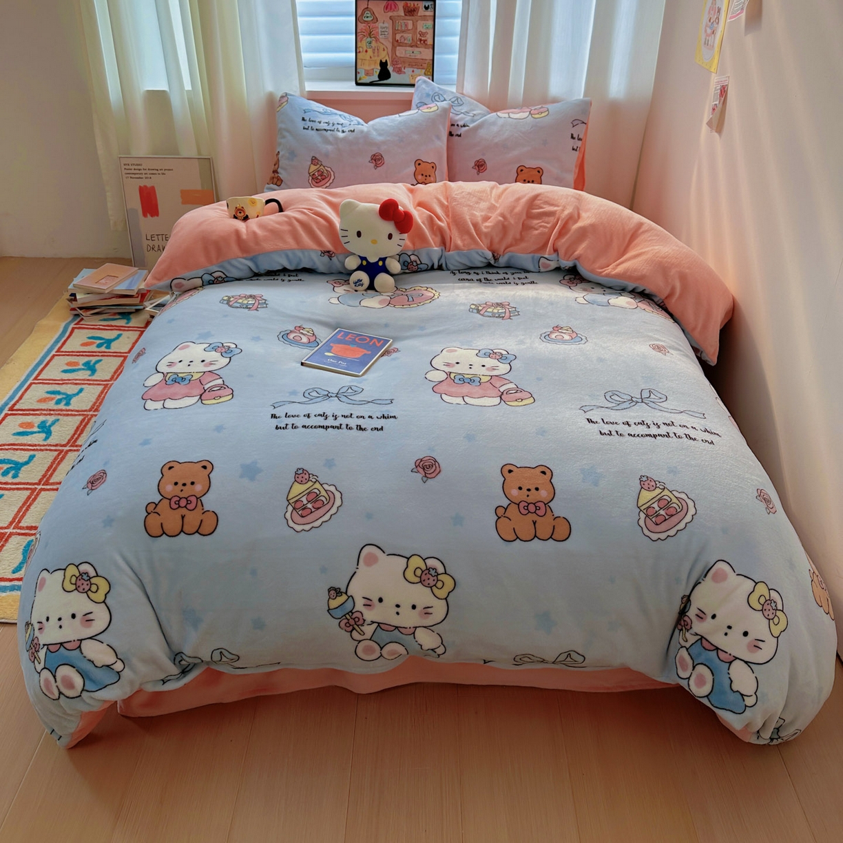 91家纺网 家纺一手货源 找家纺 小叮当家纺仓储工厂店 买家秀 爆款花型2025新款200克牛奶绒小清新卡通复古风单被套 被套单件 蝴蝶结kt