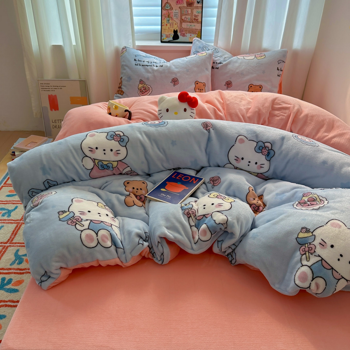 91家纺网 家纺一手货源 找家纺 小叮当家纺仓储工厂店 买家秀 爆款花型2025新款200克牛奶绒小清新卡通复古风单被套 被套单件 蝴蝶结kt