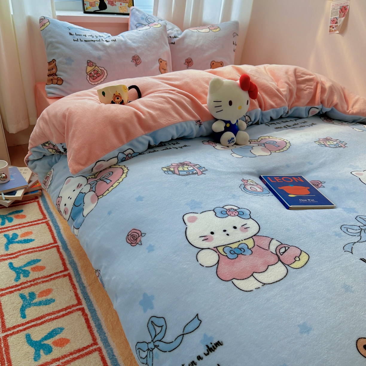 91家纺网 家纺一手货源 找家纺 小叮当家纺仓储工厂店 买家秀 爆款花型2025新款200克牛奶绒小清新卡通复古风单被套 被套单件 蝴蝶结kt