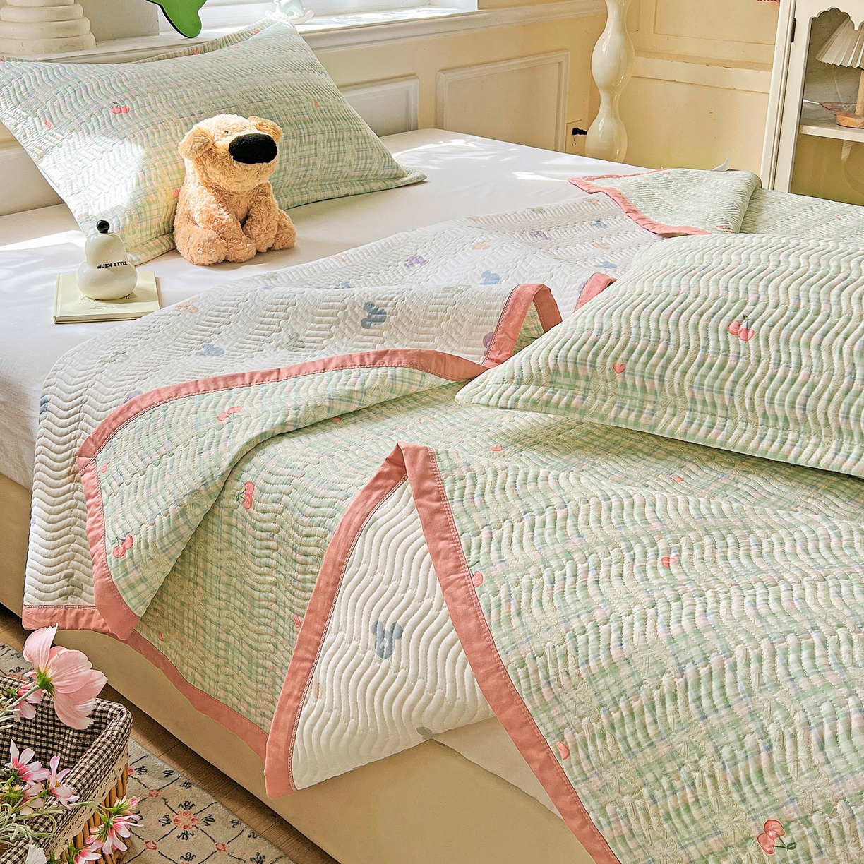 91家纺网 家纺一手货源 找家纺 梦精灵2025新款40支13372印花全棉床盖软凉席夏被纯棉床单枕套四季通用 薄荷樱桃