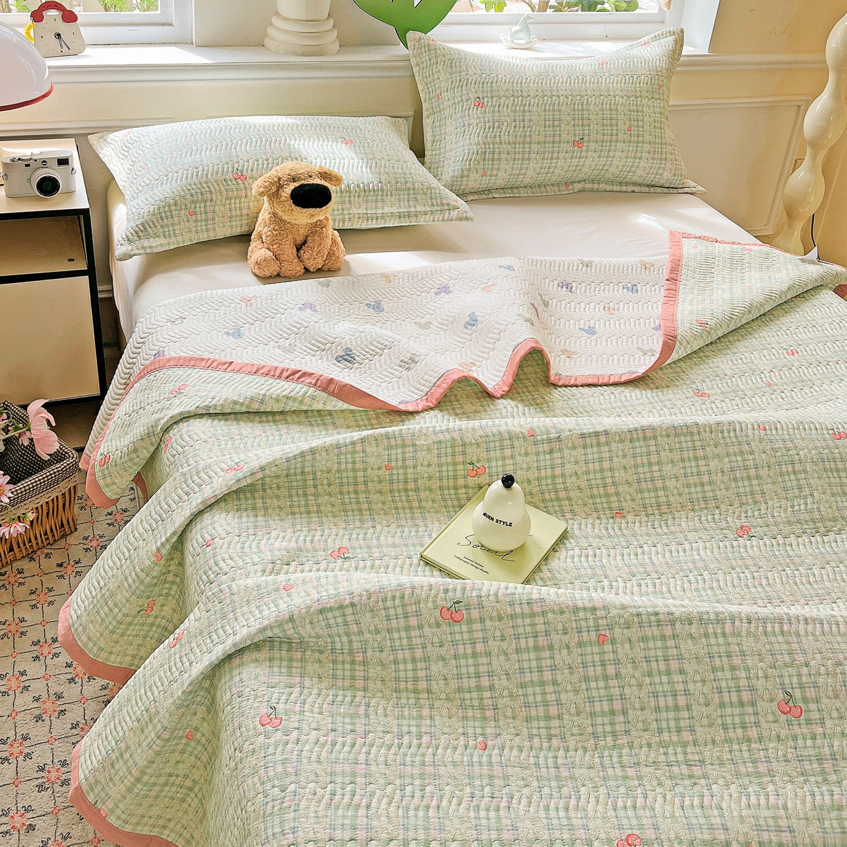 91家纺网 家纺一手货源 找家纺 梦精灵2025新款40支13372印花全棉床盖软凉席夏被纯棉床单枕套四季通用 薄荷樱桃