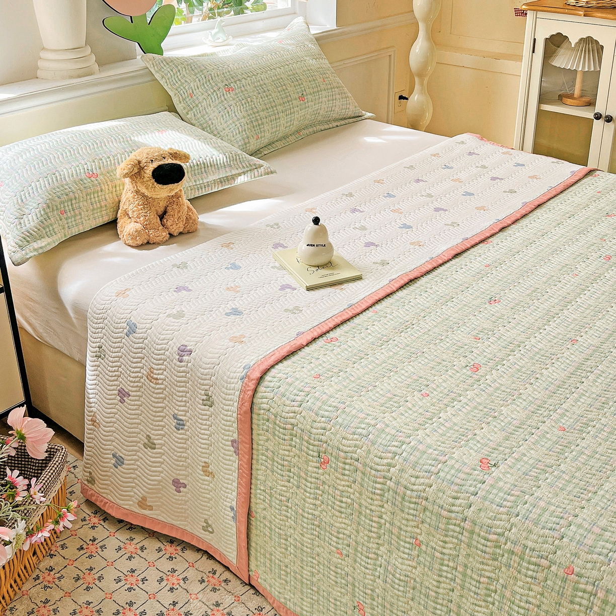 91家纺网 家纺一手货源 找家纺 梦精灵2025新款40支13372印花全棉床盖软凉席夏被纯棉床单枕套四季通用 薄荷樱桃