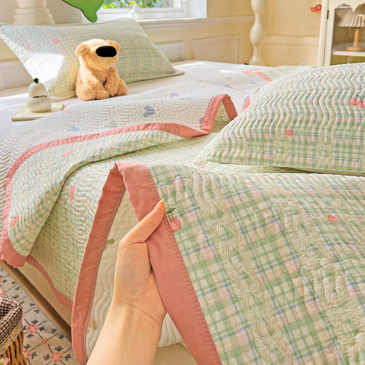 91家纺网 家纺一手货源 找家纺 梦精灵2025新款40支13372印花全棉床盖软凉席夏被纯棉床单枕套四季通用 薄荷樱桃