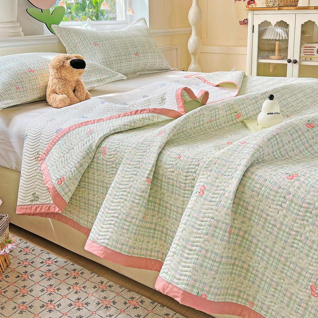 91家纺网 家纺一手货源 找家纺 梦精灵2025新款40支13372印花全棉床盖软凉席夏被纯棉床单枕套四季通用 薄荷樱桃