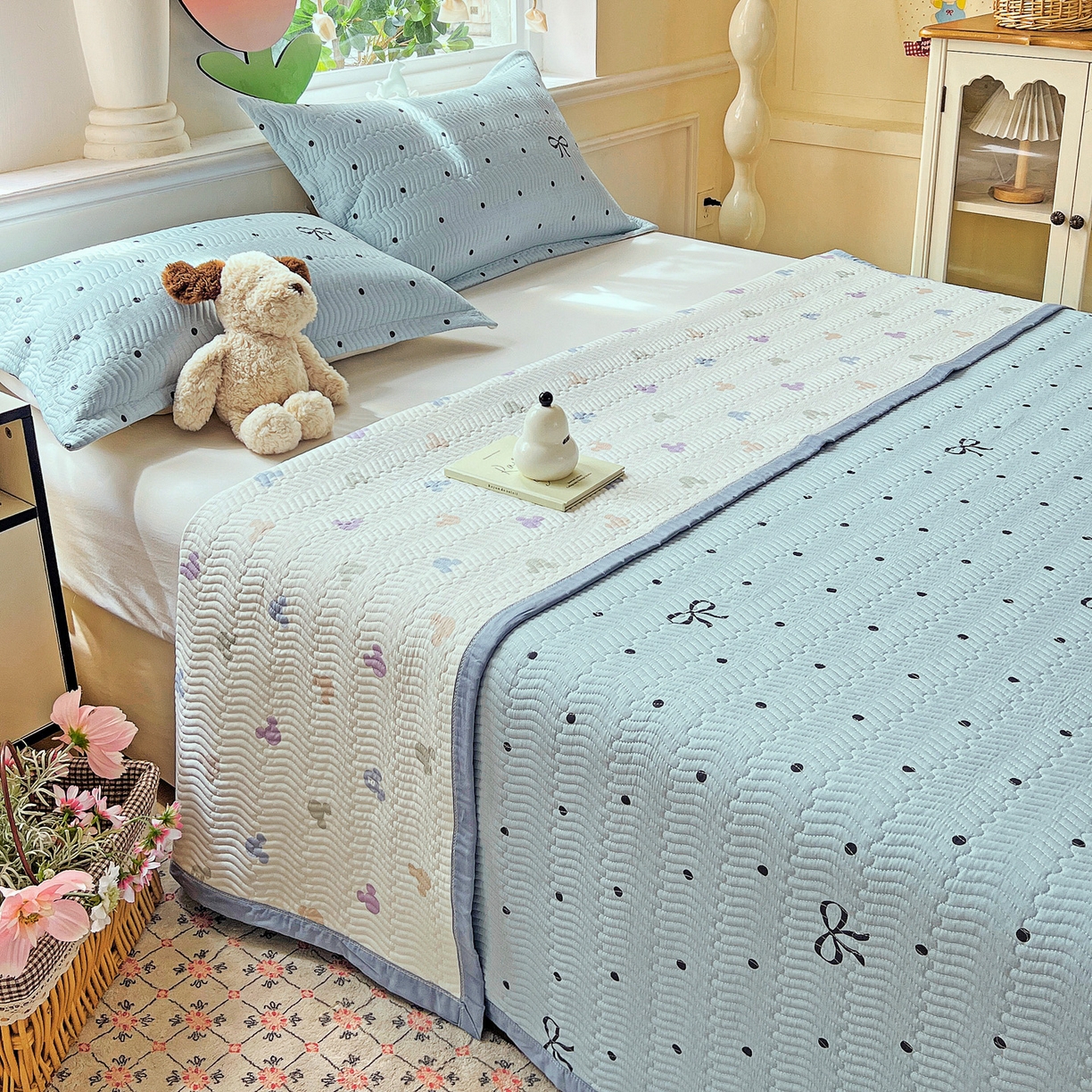 91家纺网 家纺一手货源 找家纺 梦精灵2025新款40支13372印花全棉床盖软凉席夏被纯棉床单枕套四季通用 波点蝴蝶结