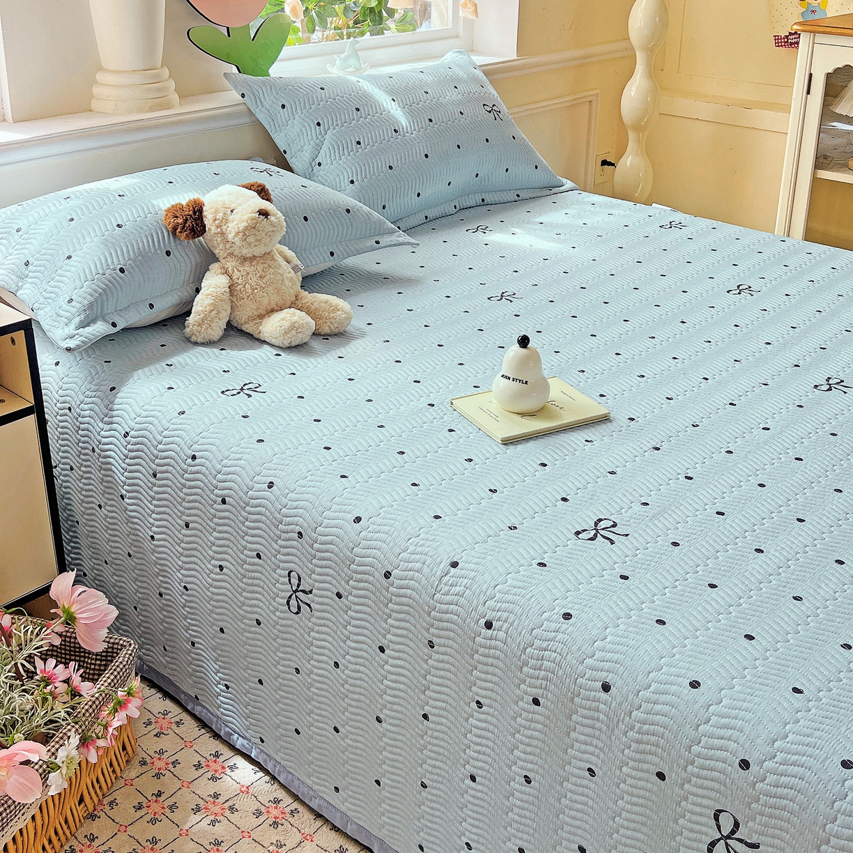 91家纺网 家纺一手货源 找家纺 梦精灵2025新款40支13372印花全棉床盖软凉席夏被纯棉床单枕套四季通用 波点蝴蝶结