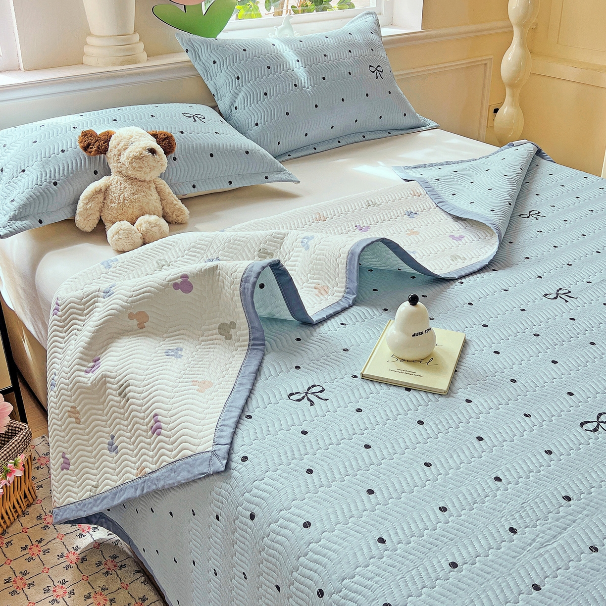 91家纺网 家纺一手货源 找家纺 梦精灵2025新款40支13372印花全棉床盖软凉席夏被纯棉床单枕套四季通用 波点蝴蝶结