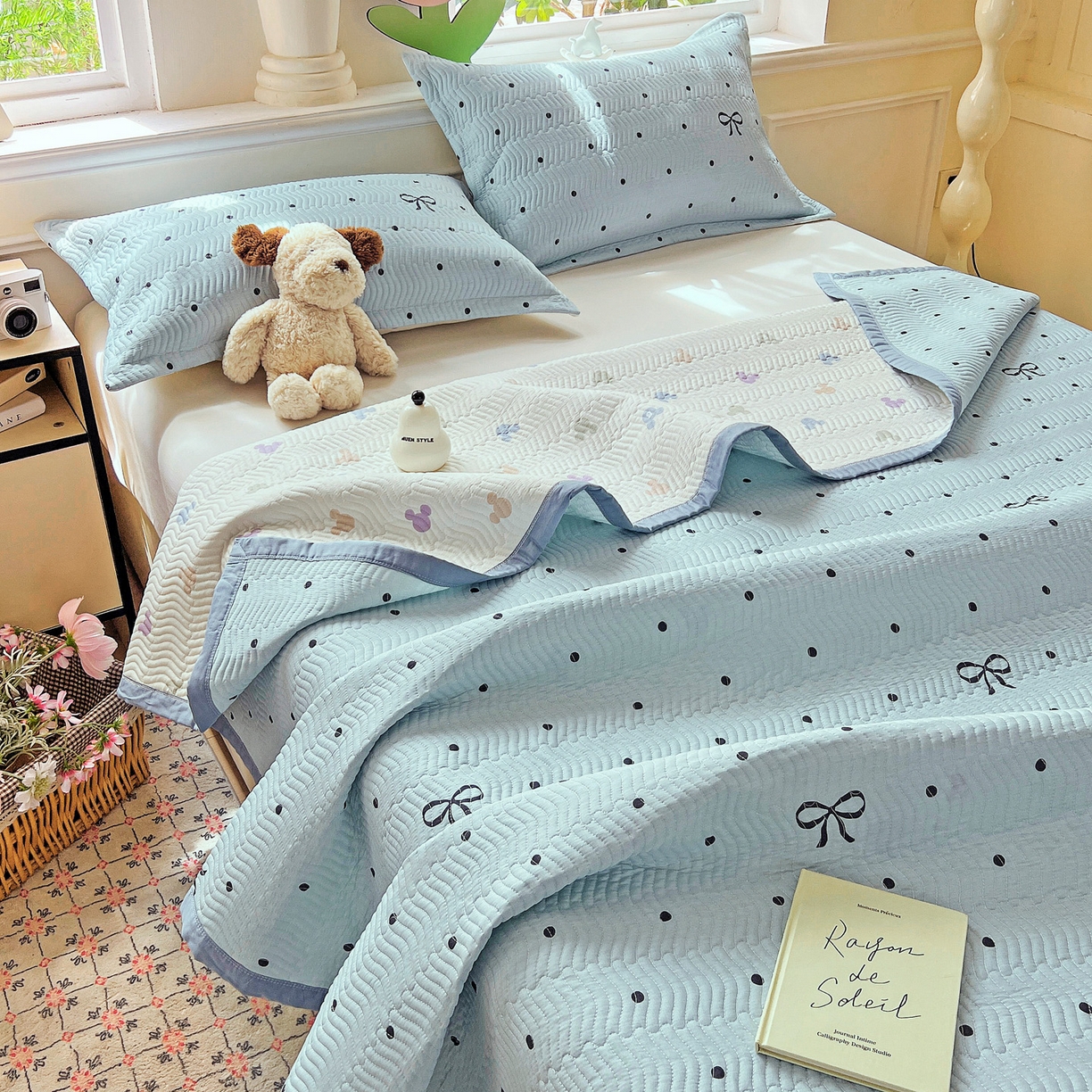 91家纺网 家纺一手货源 找家纺 梦精灵2025新款40支13372印花全棉床盖软凉席夏被纯棉床单枕套四季通用 波点蝴蝶结