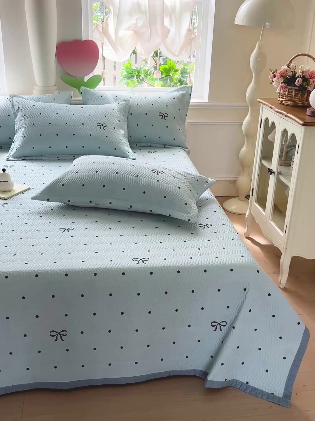 91家纺网 家纺一手货源 找家纺 梦精灵2025新款40支13372印花全棉床盖软凉席夏被纯棉床单枕套四季通用 波点蝴蝶结