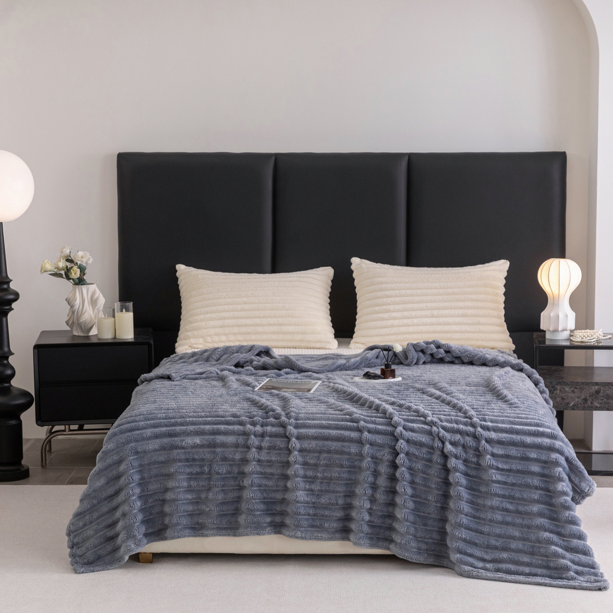 91家纺网 家纺一手货源 找家纺 楠沐家纺 2025新款高克重大抽条毛毯仿兔毛绒法兰绒毯跨境外贸多功能毯 兔毛绒-灰亚蓝