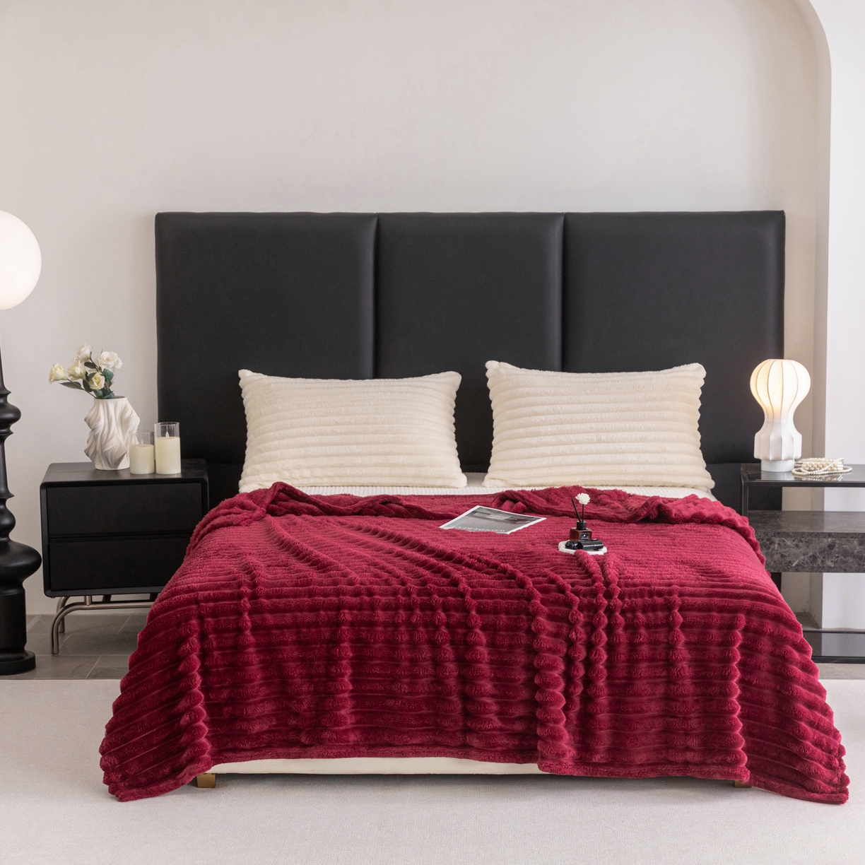 91家纺网 家纺一手货源 找家纺 楠沐家纺 2025新款高克重大抽条毛毯仿兔毛绒法兰绒毯跨境外贸多功能毯 兔毛绒-酒红