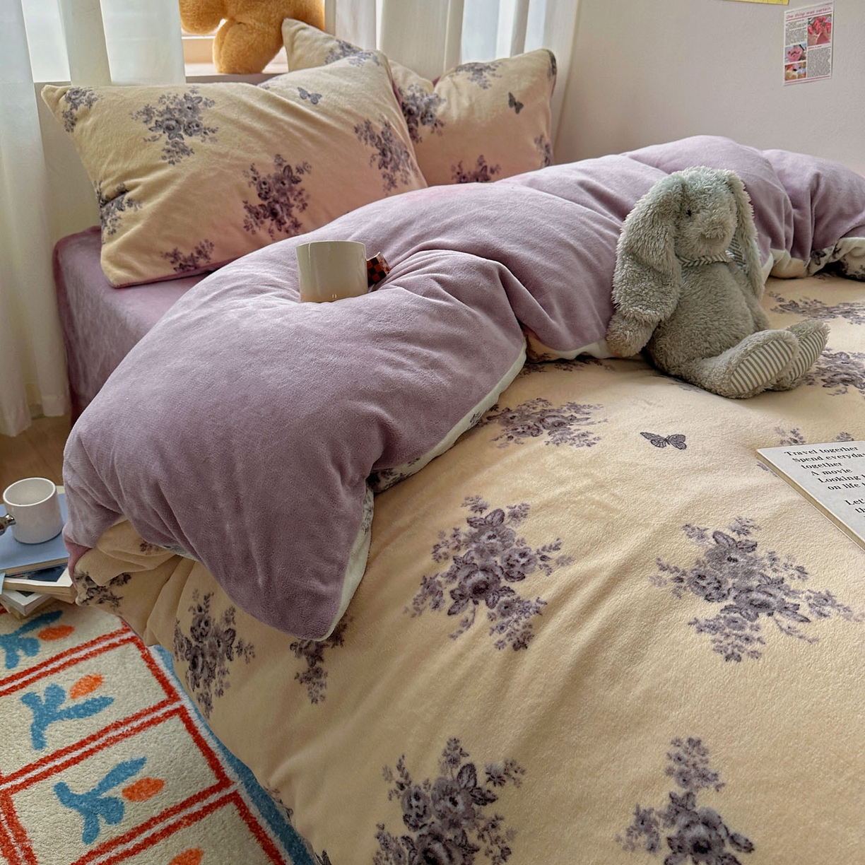 91家纺网 家纺一手货源 找家纺 小叮当家纺仓储工厂店 买家秀 爆款花型2025新款200克牛奶绒小清新卡通复古风单被套 被套单件 墨染