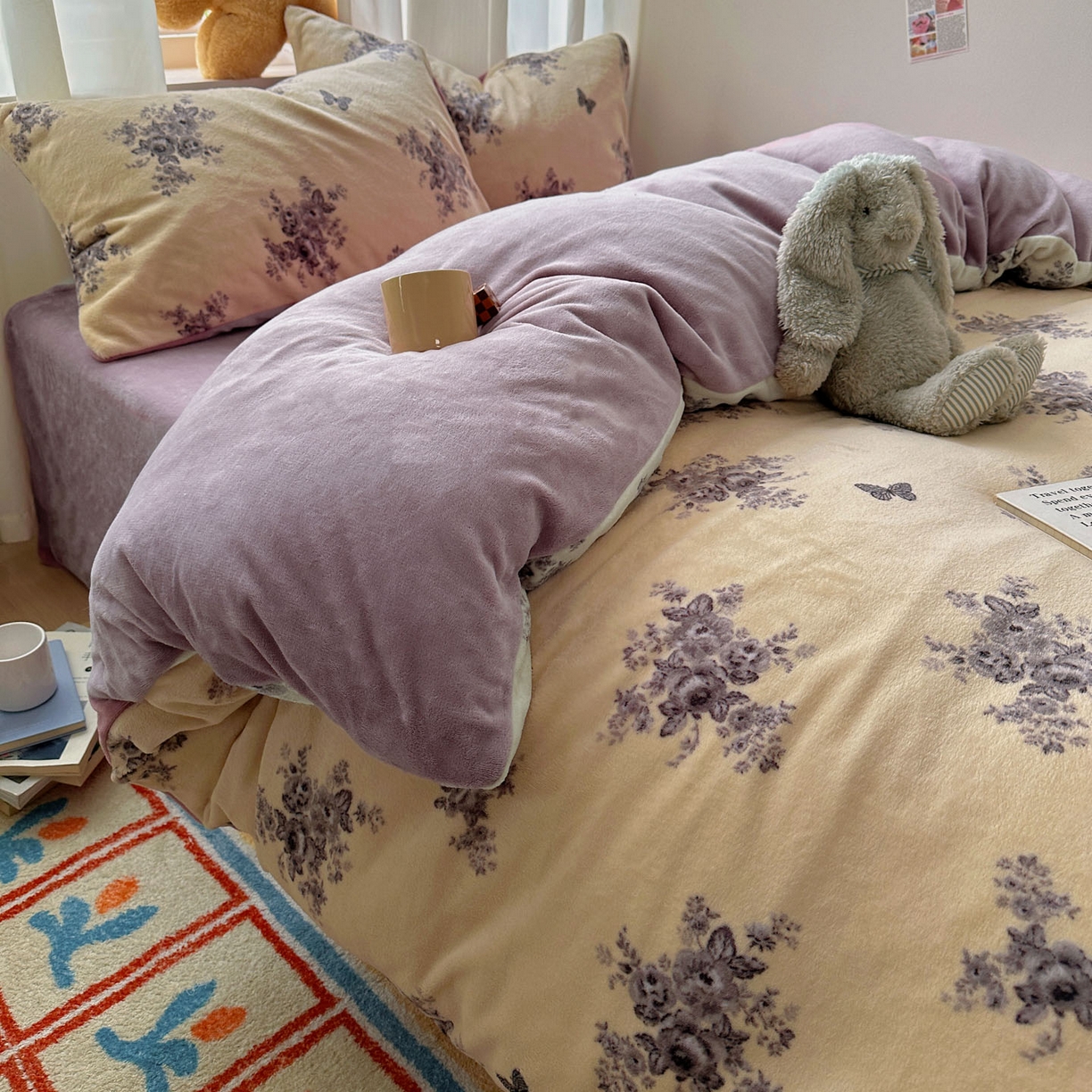 91家纺网 家纺一手货源 找家纺 小叮当家纺仓储工厂店 买家秀 爆款花型2025新款200克牛奶绒小清新卡通复古风单被套 被套单件 墨染