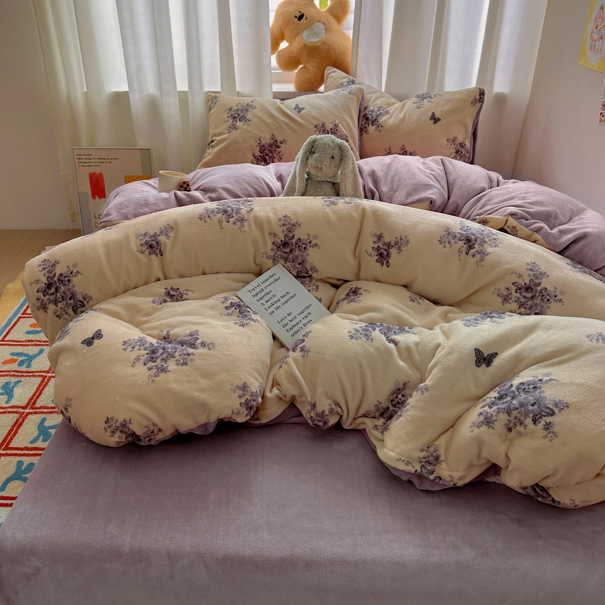 91家纺网 家纺一手货源 找家纺 小叮当家纺仓储工厂店 买家秀 爆款花型2025新款200克牛奶绒小清新卡通复古风单被套 被套单件 墨染