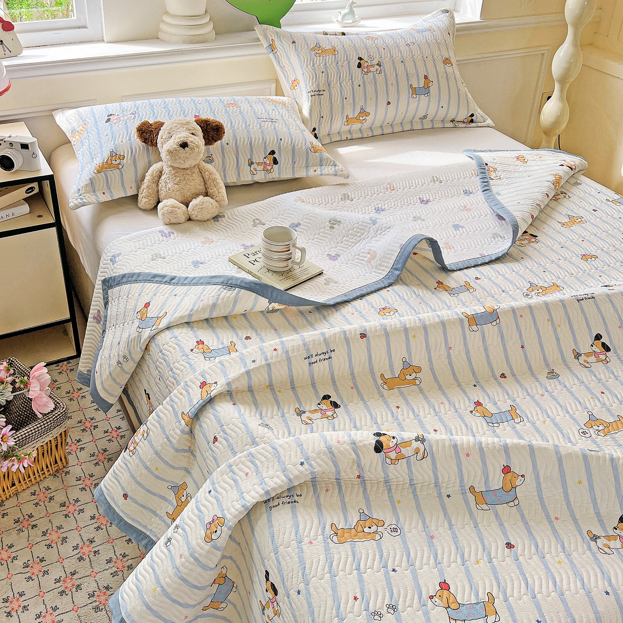 91家纺网 家纺一手货源 找家纺 梦精灵2025新款40支13372印花全棉床盖软凉席夏被纯棉床单枕套四季通用 糖纸童年