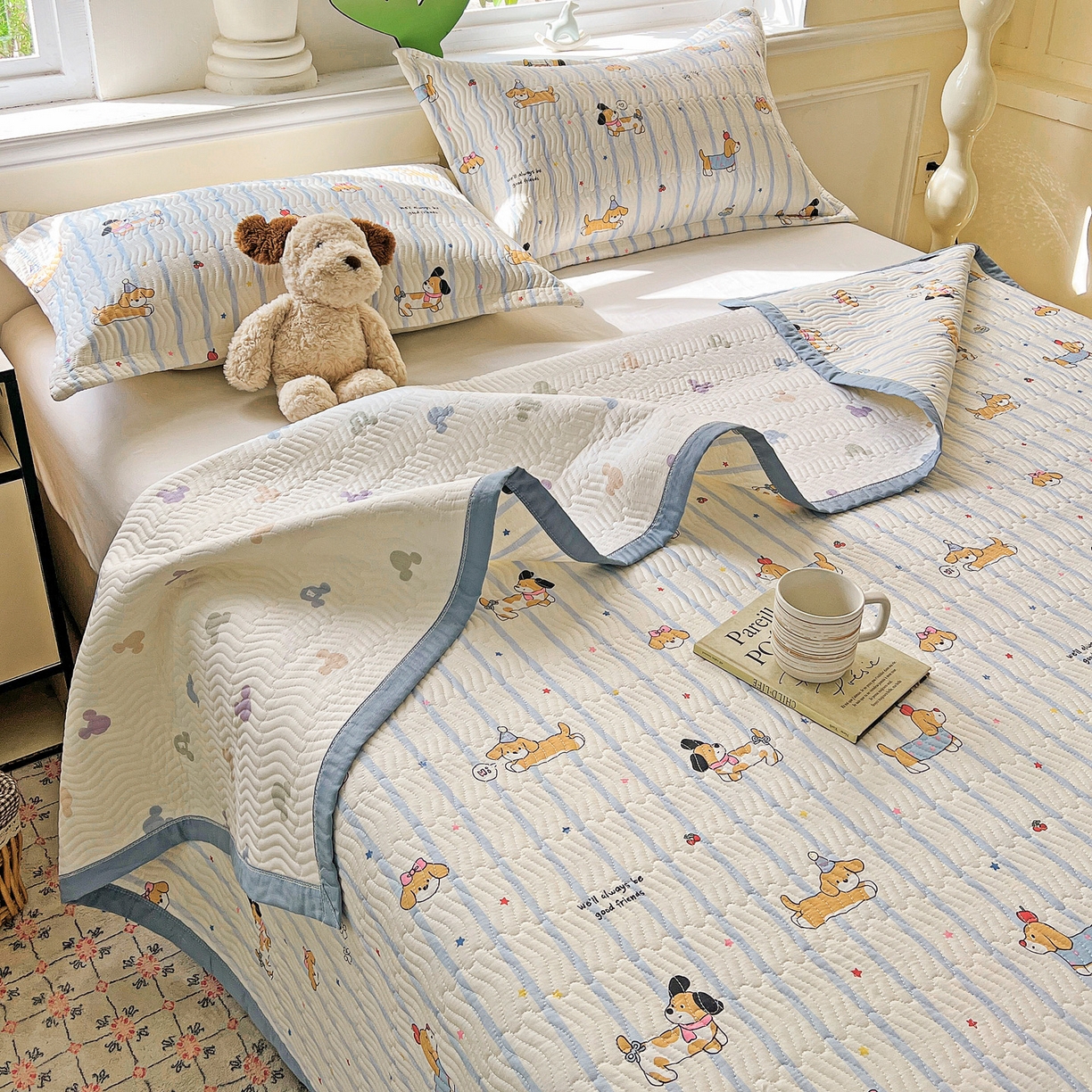 91家纺网 家纺一手货源 找家纺 梦精灵2025新款40支13372印花全棉床盖软凉席夏被纯棉床单枕套四季通用 糖纸童年