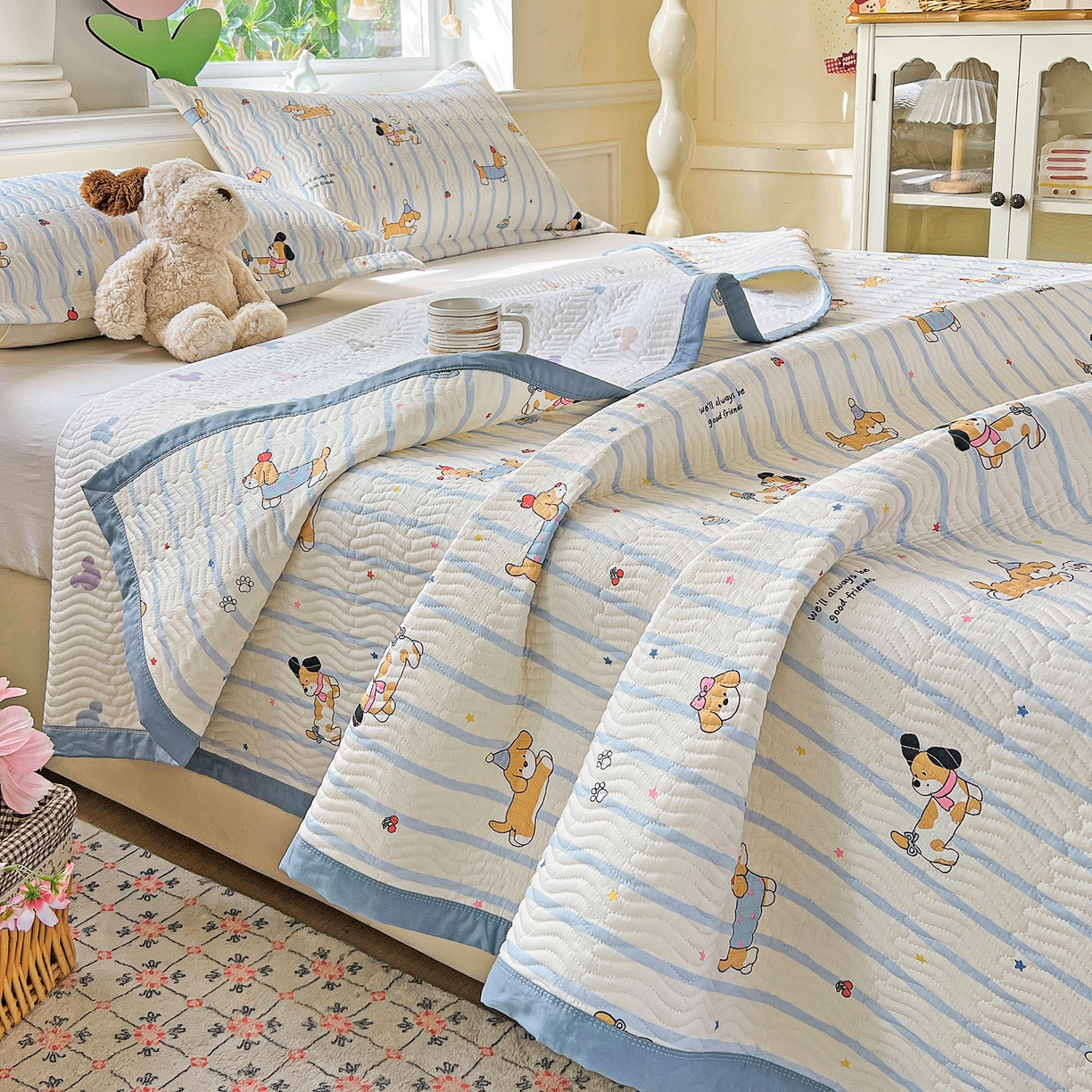 91家纺网 家纺一手货源 找家纺 梦精灵2025新款40支13372印花全棉床盖软凉席夏被纯棉床单枕套四季通用 糖纸童年