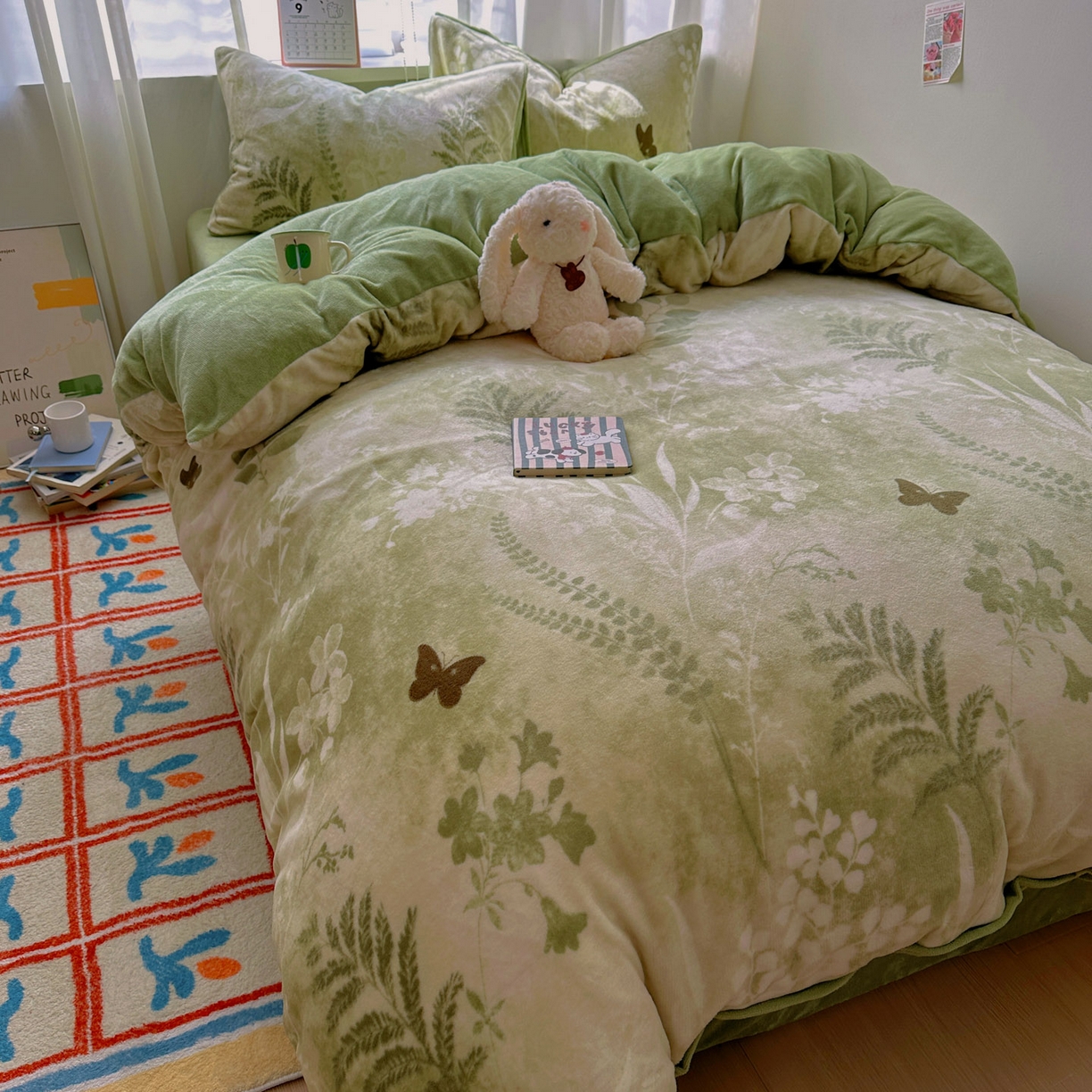 91家纺网 家纺一手货源 找家纺 小叮当家纺仓储工厂店 买家秀 爆款花型2025新款200克牛奶绒小清新卡通复古风单被套 被套单件 沐晨-绿