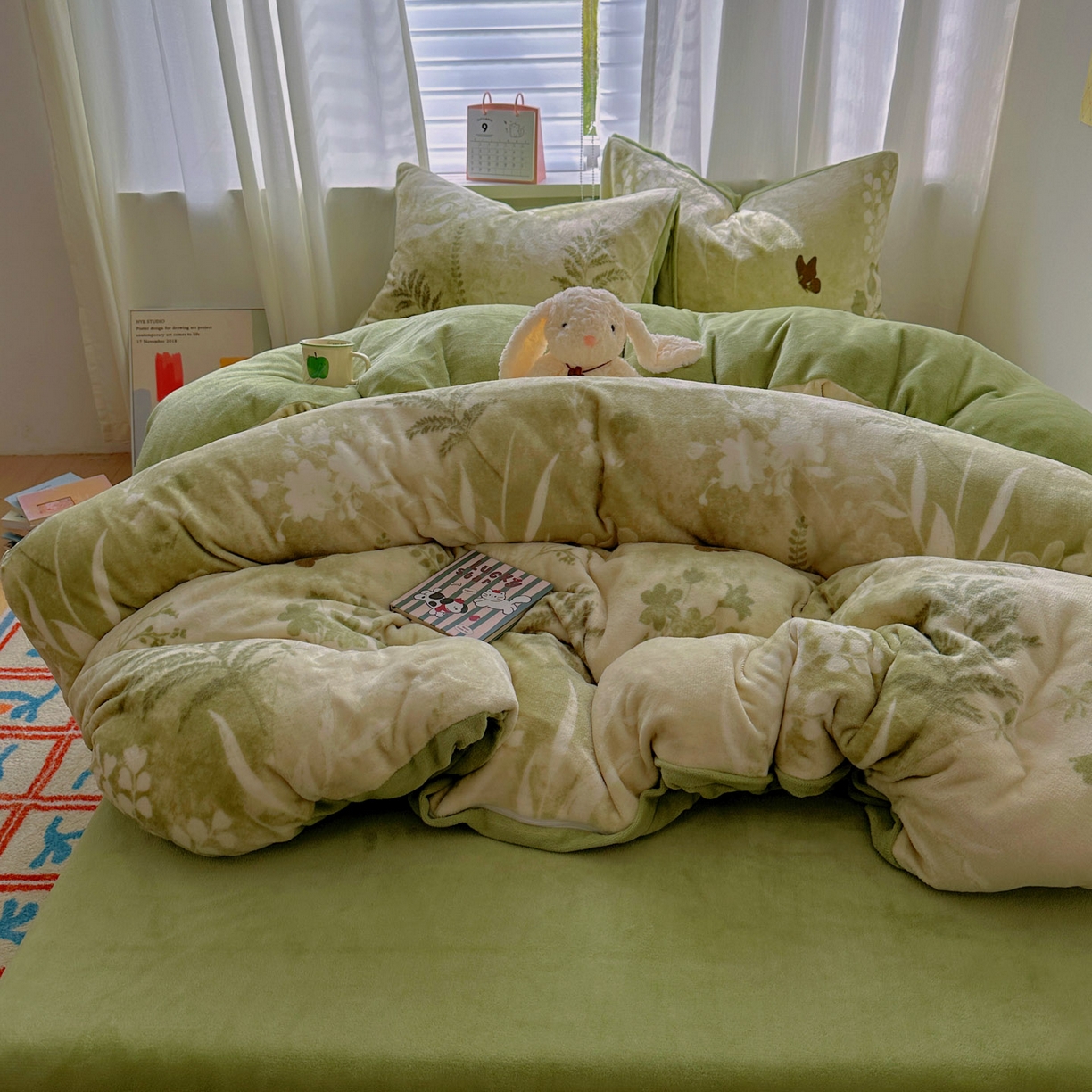 91家纺网 家纺一手货源 找家纺 小叮当家纺仓储工厂店 买家秀 爆款花型2025新款200克牛奶绒小清新卡通复古风单被套 被套单件 沐晨-绿