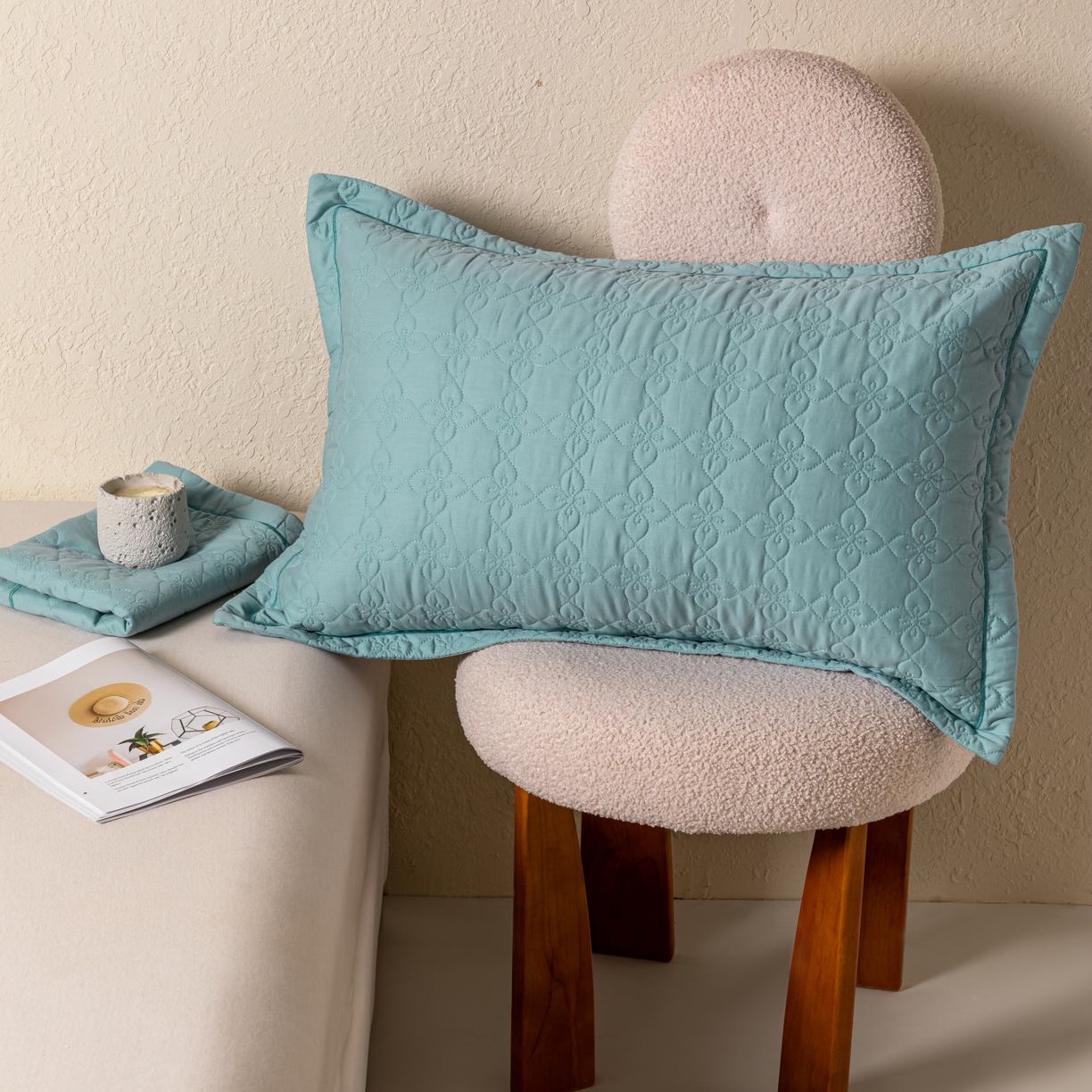 91家纺网 家纺一手货源 找家纺 百寐 2025新款全棉纯色加厚夹棉50*80枕套40*60/48*74纯棉枕芯保护套 花容-云水蓝