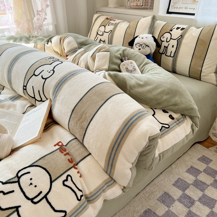 小叮当家纺仓储工厂店 买家秀 爆款花型2025新款200克牛奶绒小清新卡通复古风单被套 被套单件 线条小白狗