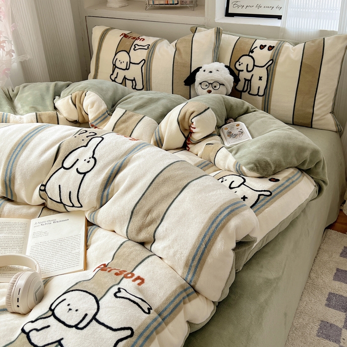 91家纺网 家纺一手货源 找家纺 小叮当家纺仓储工厂店 买家秀 爆款花型2025新款200克牛奶绒小清新卡通复古风单被套 被套单件 线条小白狗