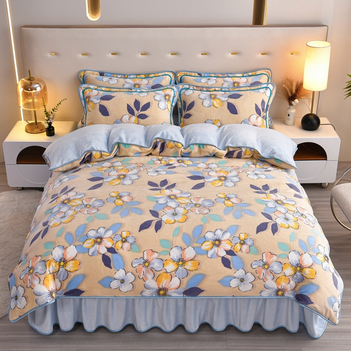 91家纺网 家纺一手货源 找家纺 芯诗曼2025新款8.5斤直播热款高克重牛奶绒法莱绒水晶金貂法莱绒四件套 豆蔻年华