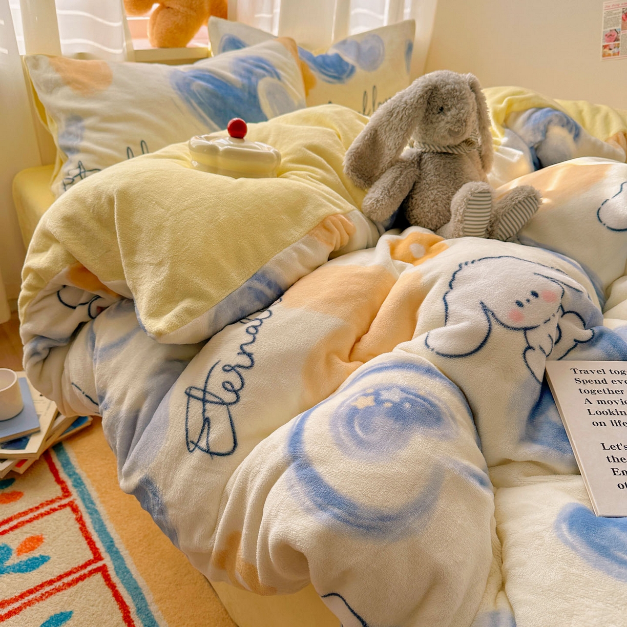 小叮当家纺仓储工厂店 买家秀 爆款花型2025新款200克牛奶绒小清新卡通复古风单被套 被套单件 长耳朵狗