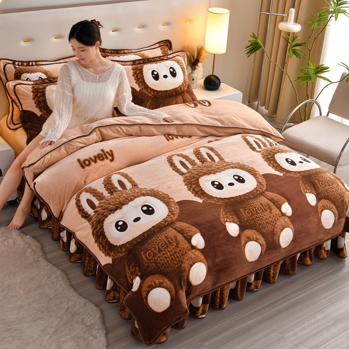 91家纺网 家纺一手货源 找家纺 芯诗曼2025新款8.5斤直播热款高克重牛奶绒法莱绒水晶金貂法莱绒四件套 拉布布