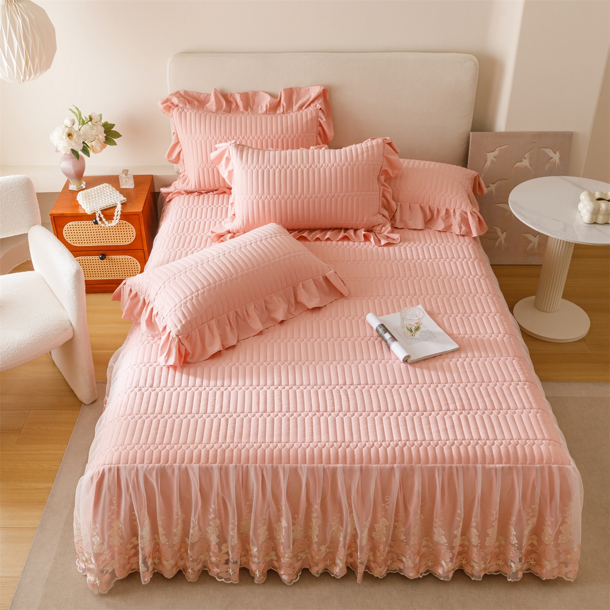 91家纺网 家纺一手货源 找家纺 （总）好儿喜家纺 2025新款A类水洗棉床裙三件套-梦萝系列