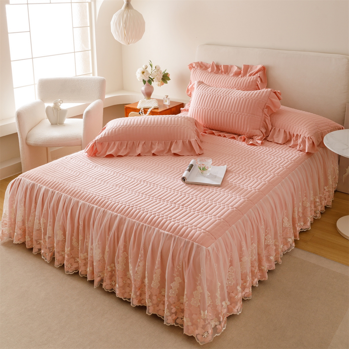 91家纺网 家纺一手货源 找家纺 （总）好儿喜家纺 2025新款A类水洗棉床裙三件套-梦萝系列