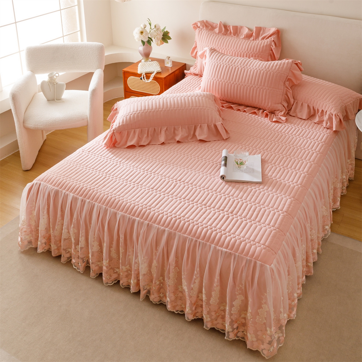 91家纺网 家纺一手货源 找家纺 （总）好儿喜家纺 2025新款A类水洗棉床裙三件套-梦萝系列