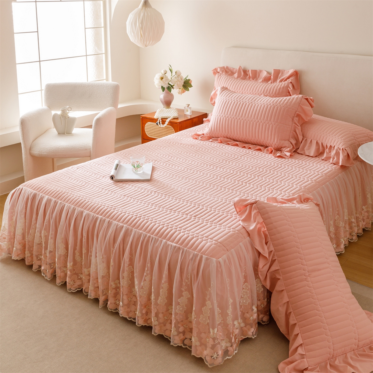 91家纺网 家纺一手货源 找家纺 （总）好儿喜家纺 2025新款A类水洗棉床裙三件套-梦萝系列