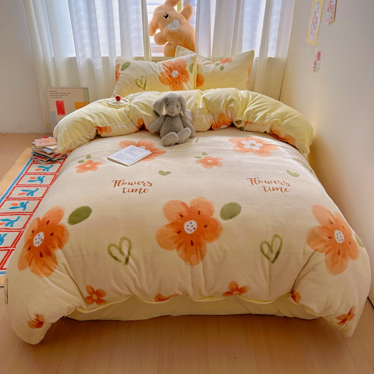 91家纺网 家纺一手货源 找家纺 （总）小叮当家纺仓储工厂店 买家秀 爆款花型2025新款200克牛奶绒小清新卡通复古风四件套